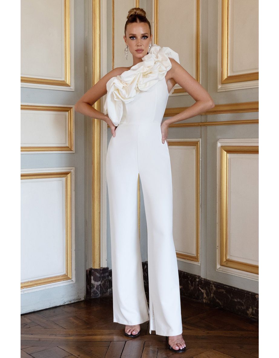 Monica | White Asymmetric Ruffled Wide-Leg Jumpsuit