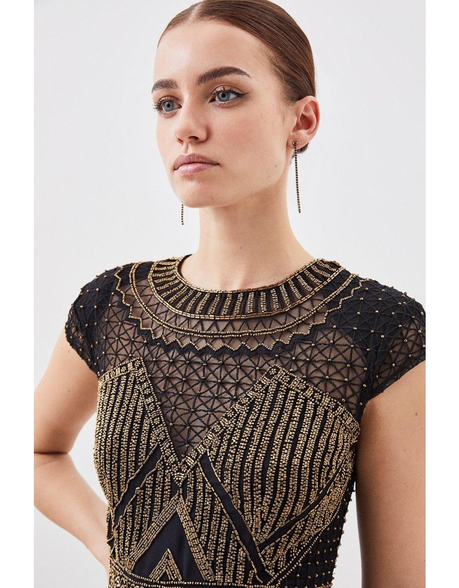 Petite Gold Embellished Pleated Woven Maxi Dress - 2