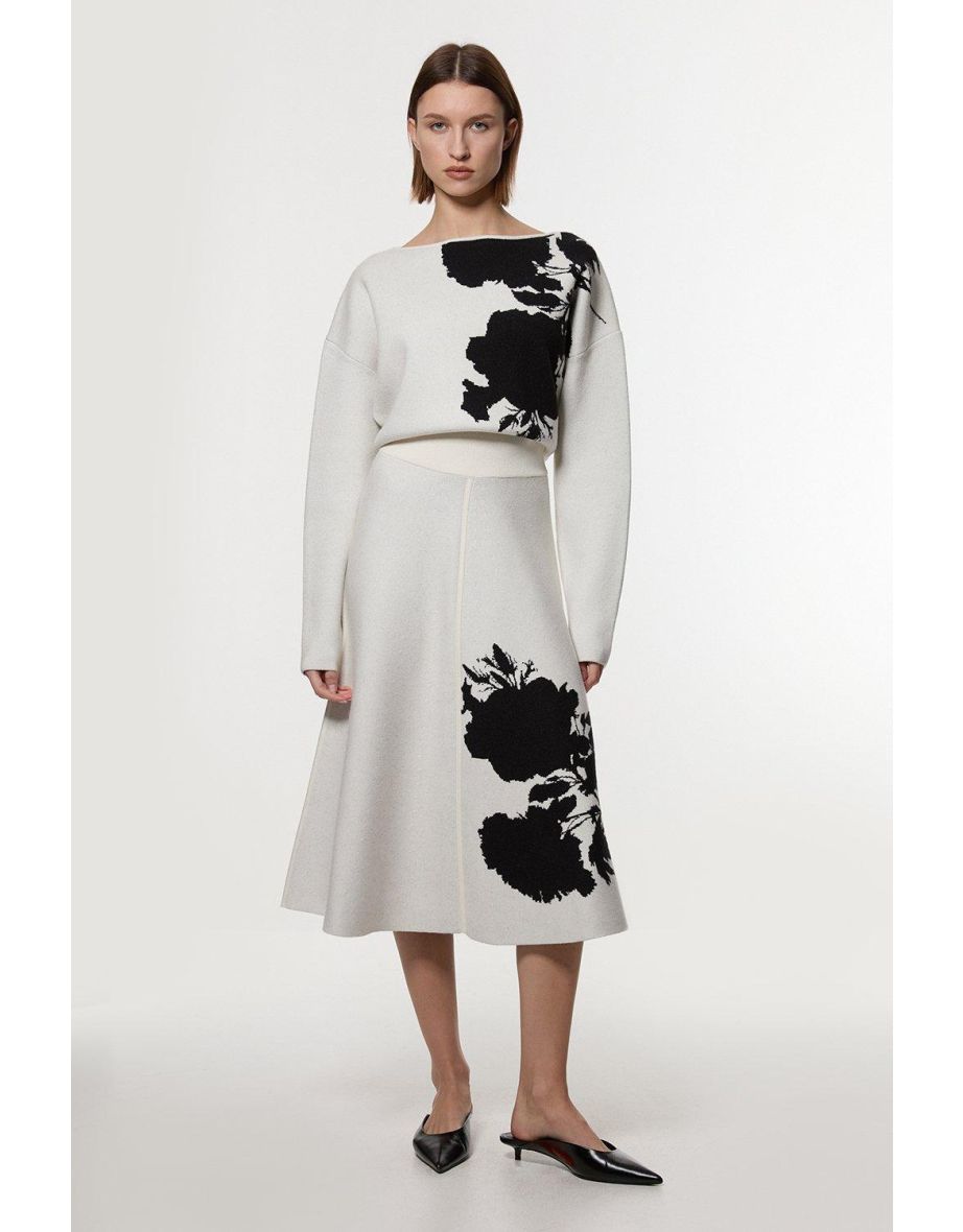 Floral Jacquard Viscose Blend Milano Knit Midi Skirt Co-Ord