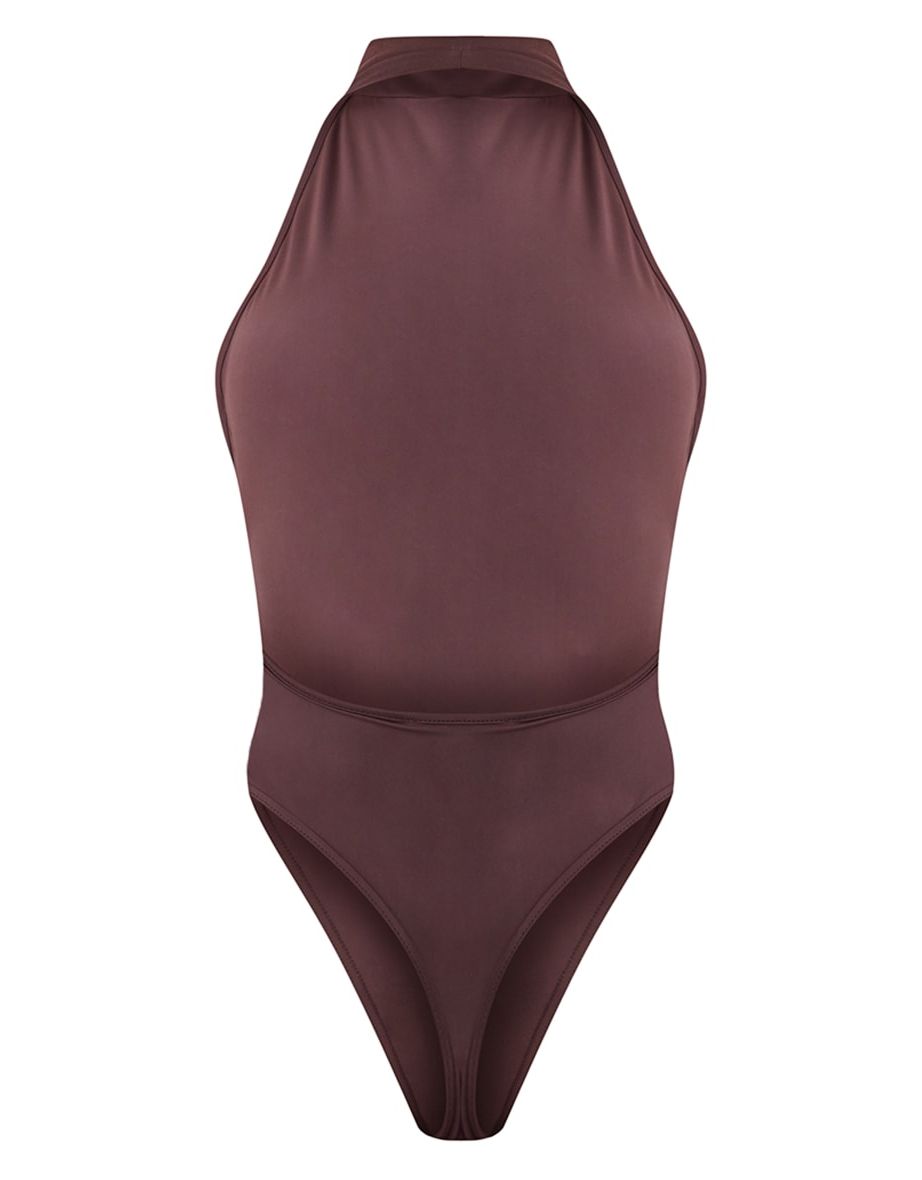 Espresso Matte Sculpt Halterneck Backless Bodysuit - 5
