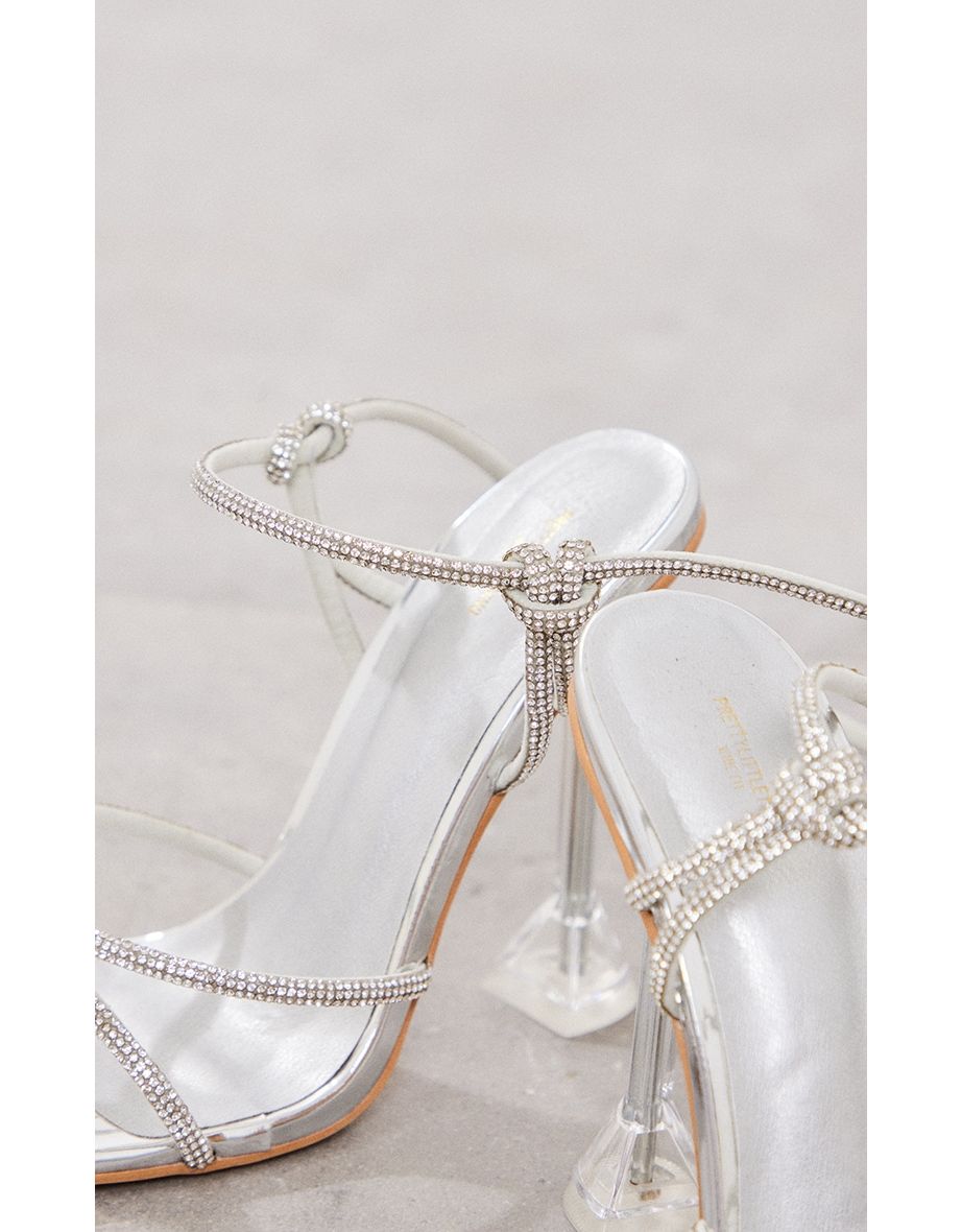Silver Wide Fit Diamante Knot Detail Lace Up Cake Stand High Heeled Sandals - 3