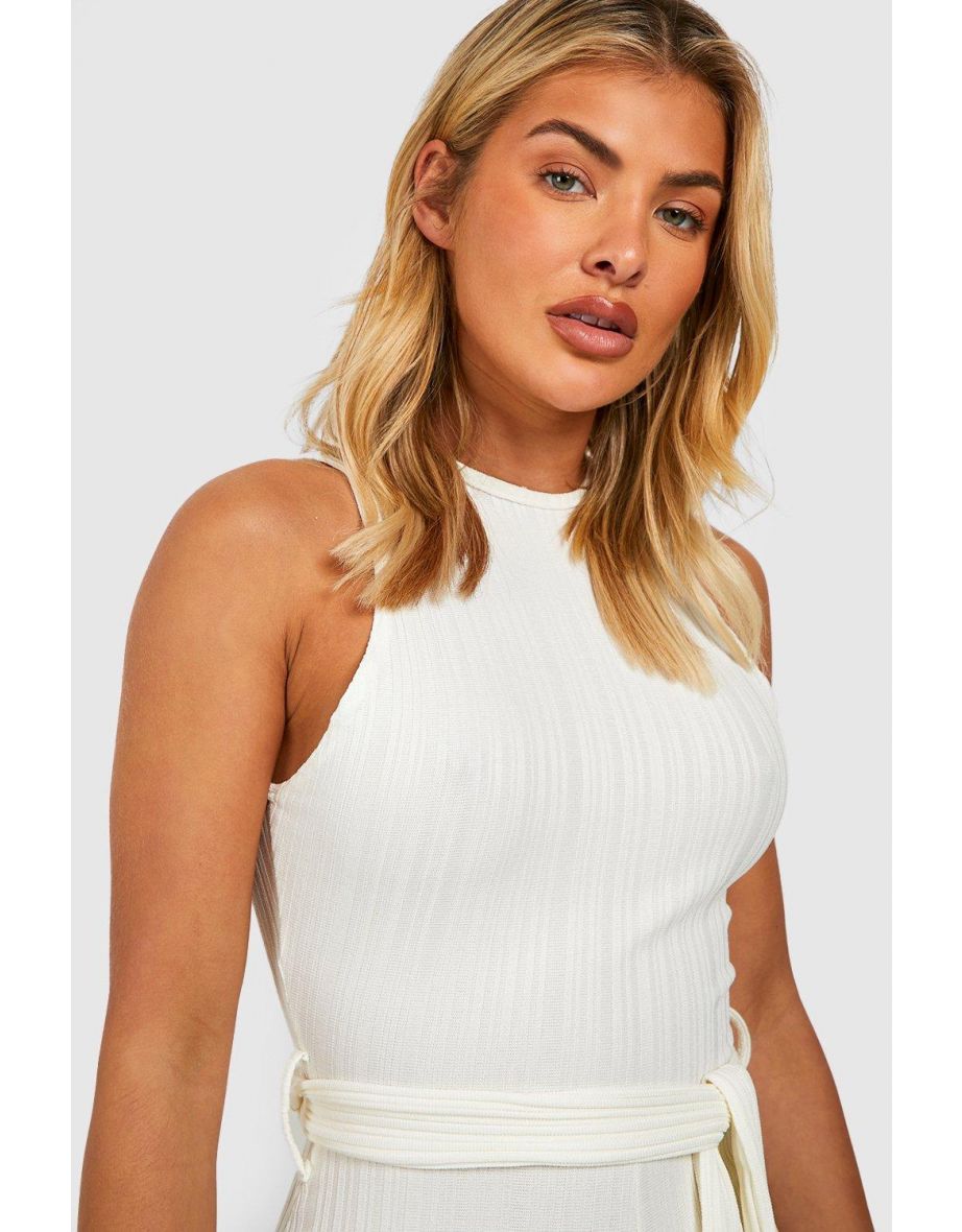 Crinkle Rib Belted Culotte Jumpsuit - white - 3