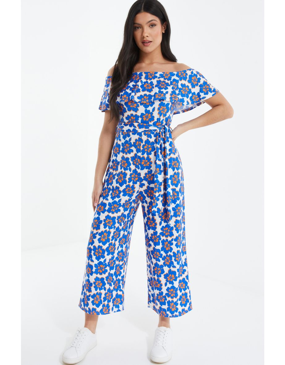 Shop Royal Blue Floral Bardot Jumpsuit Online in Qatar VogaCloset