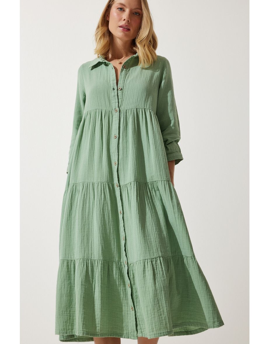Women's Green Muslin Flared Shirt Dress - 7