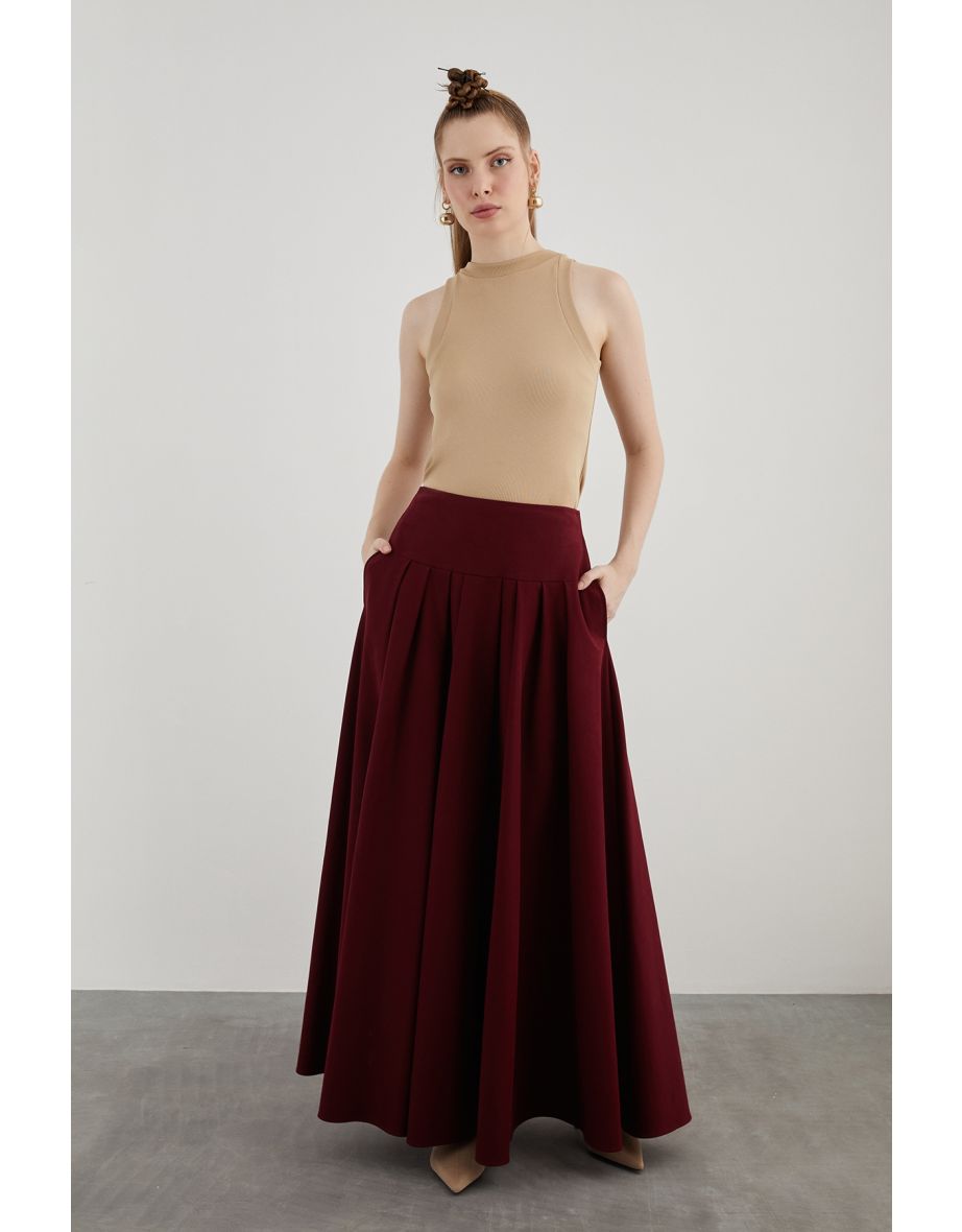 High-Waisted Wide Pleated Side Pocket Long Red Skirt