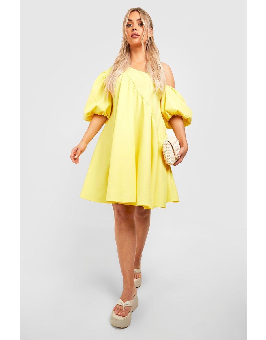 Plus Yellow Plus Midi Smock Dress with One Shoulder