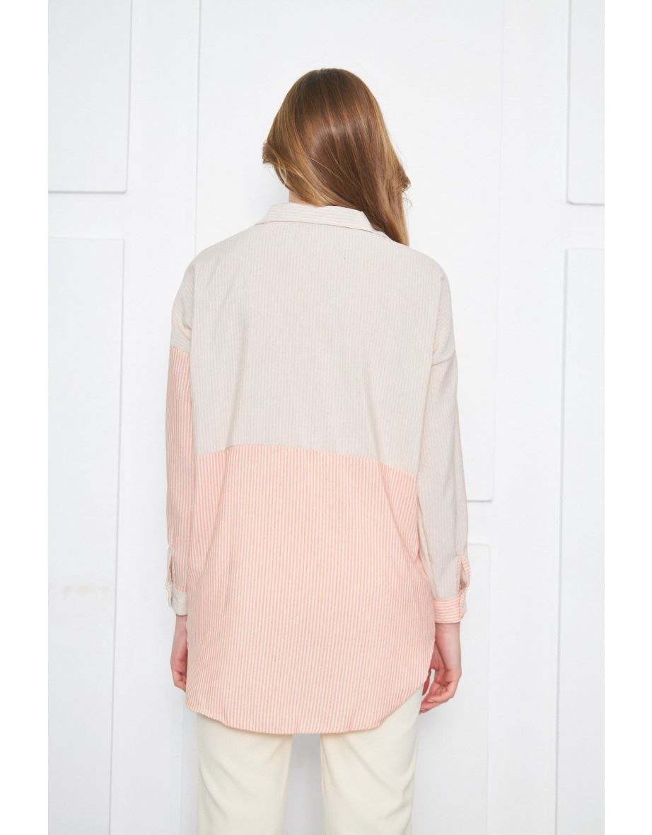 Women's Orange Striped Two Color Long Sleeve Loose Shirt - 3