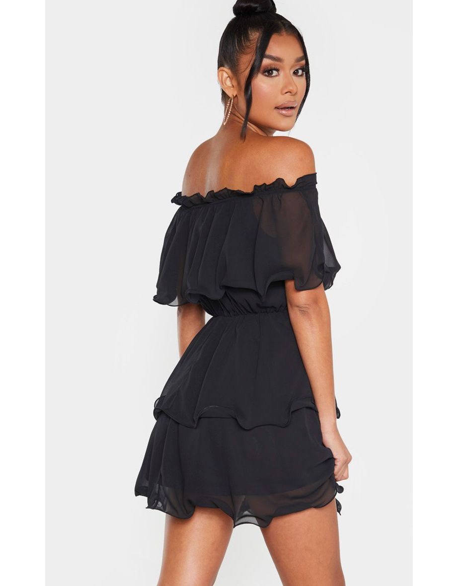 black chiffon bardot ruffle tiered dress