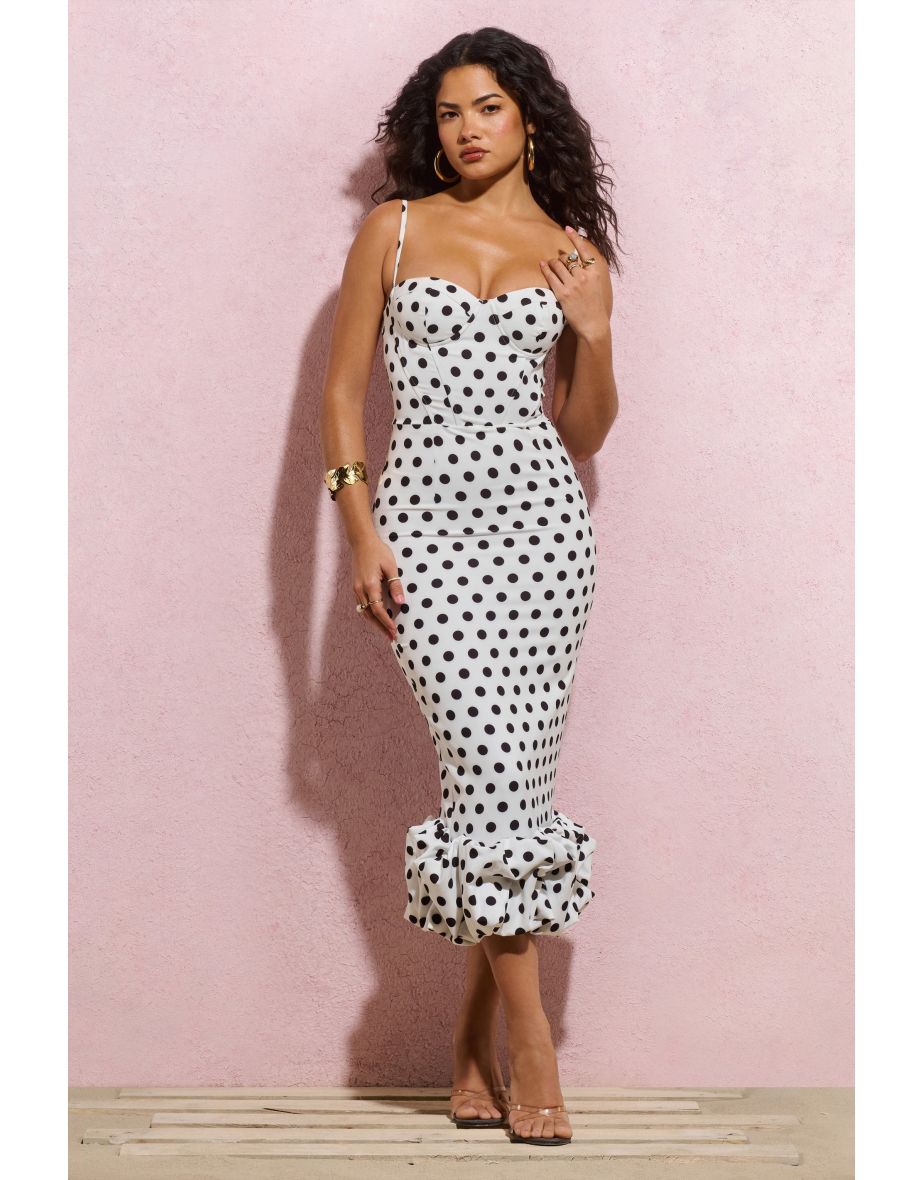 Royale | White Polka Dot Bodycon Ruffled Midaxi Dress - 4