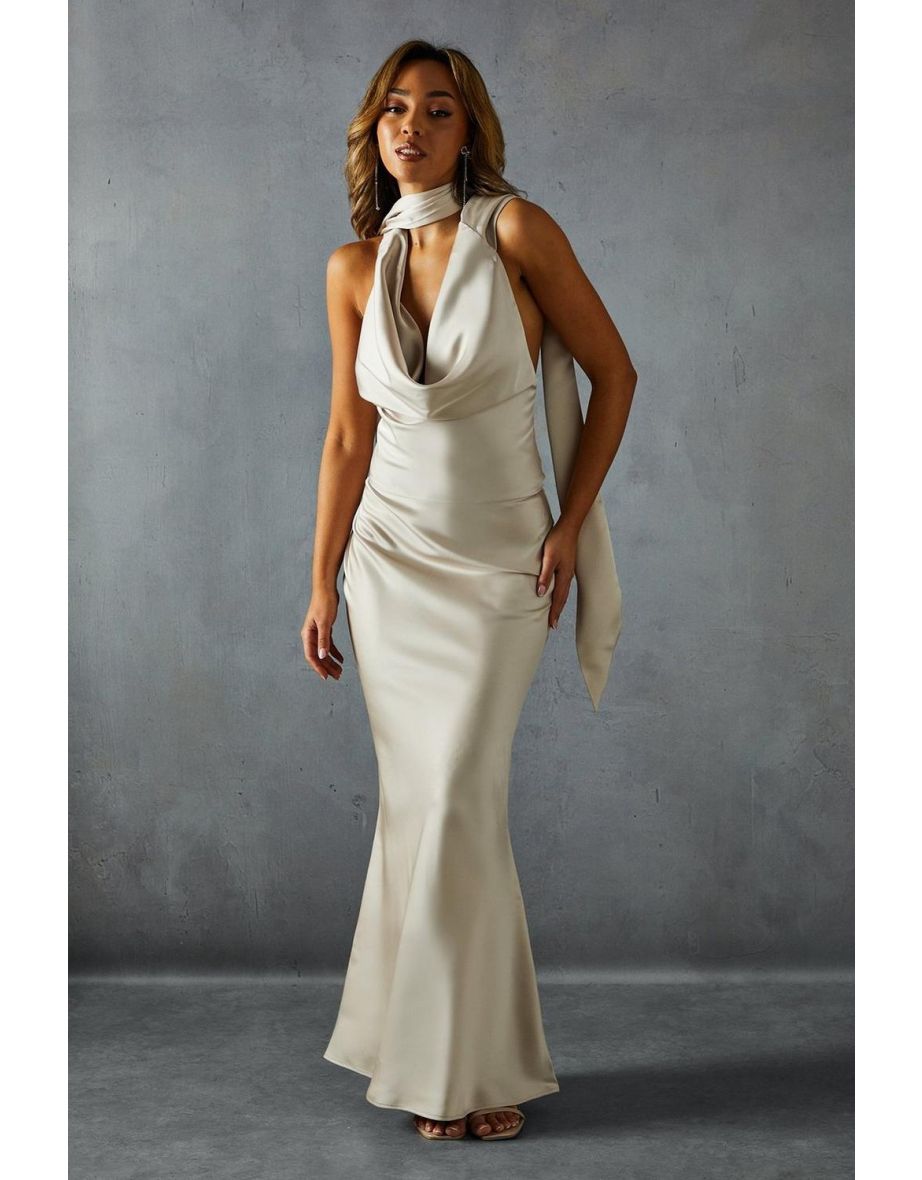 Satin Cowl Wrap Neck Maxi Dress