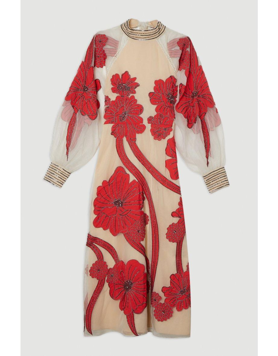 Applique Organdie Floral Graphic Woven Maxi Dress - 3