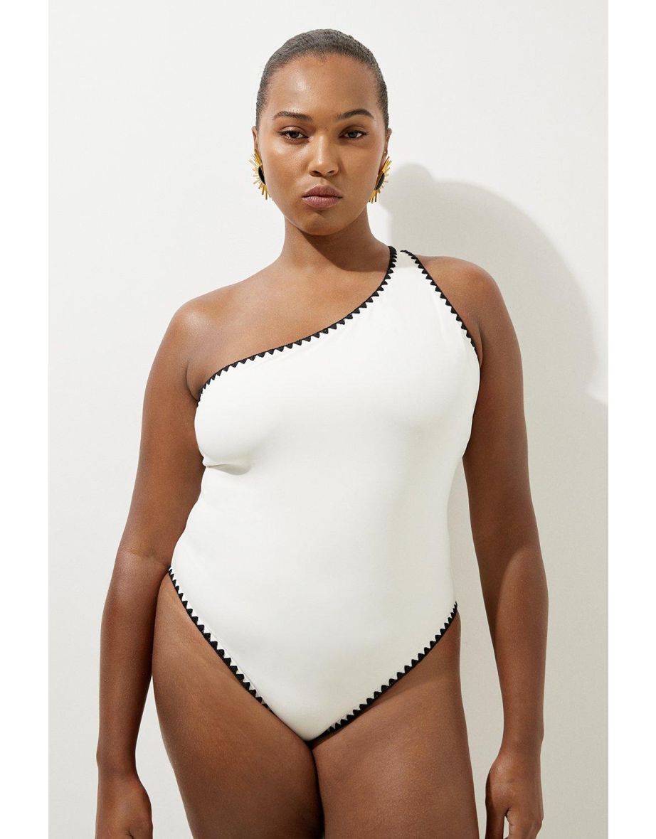 Plus Size Contrast Stitch One Shoulder Swimsuit