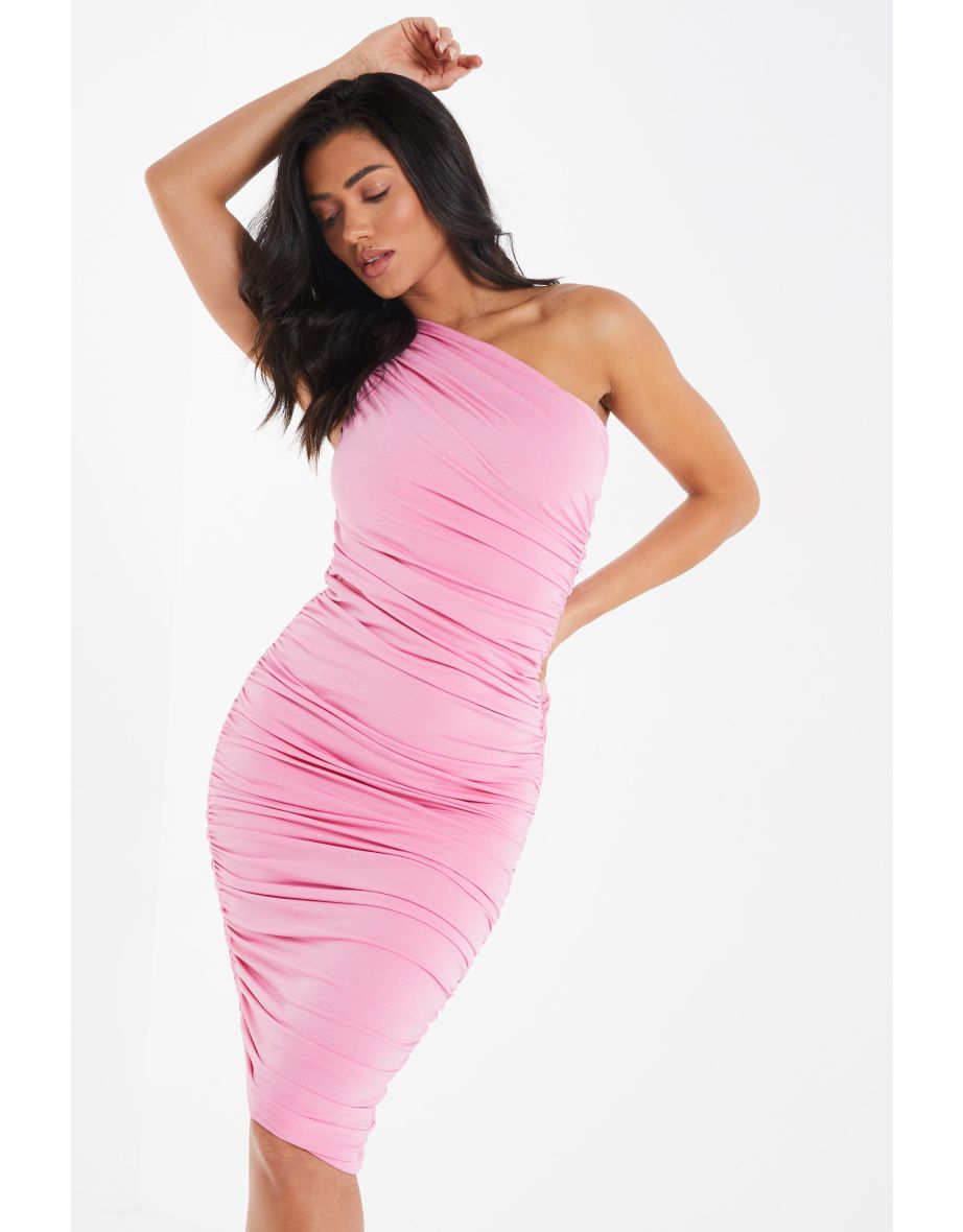 Pink ruched clearance midi dress