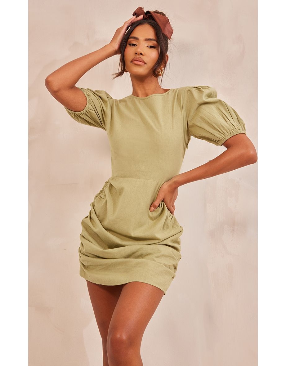 Khaki Linen Scoop Neck Ruched Skirt Bodycon Dress