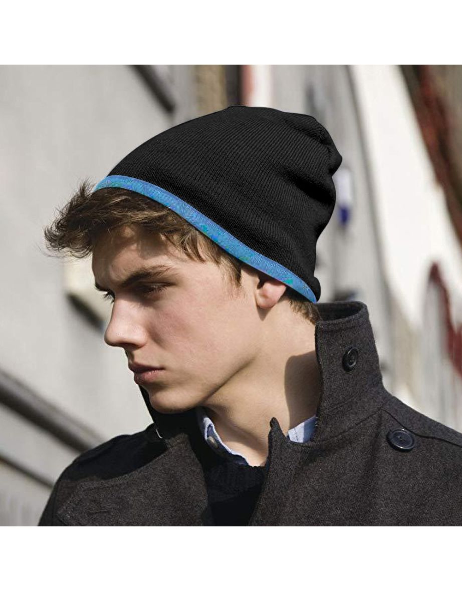 Result Unisex Reversible Fashion Fit Winter Beanie Hat - Black/Sky - 1