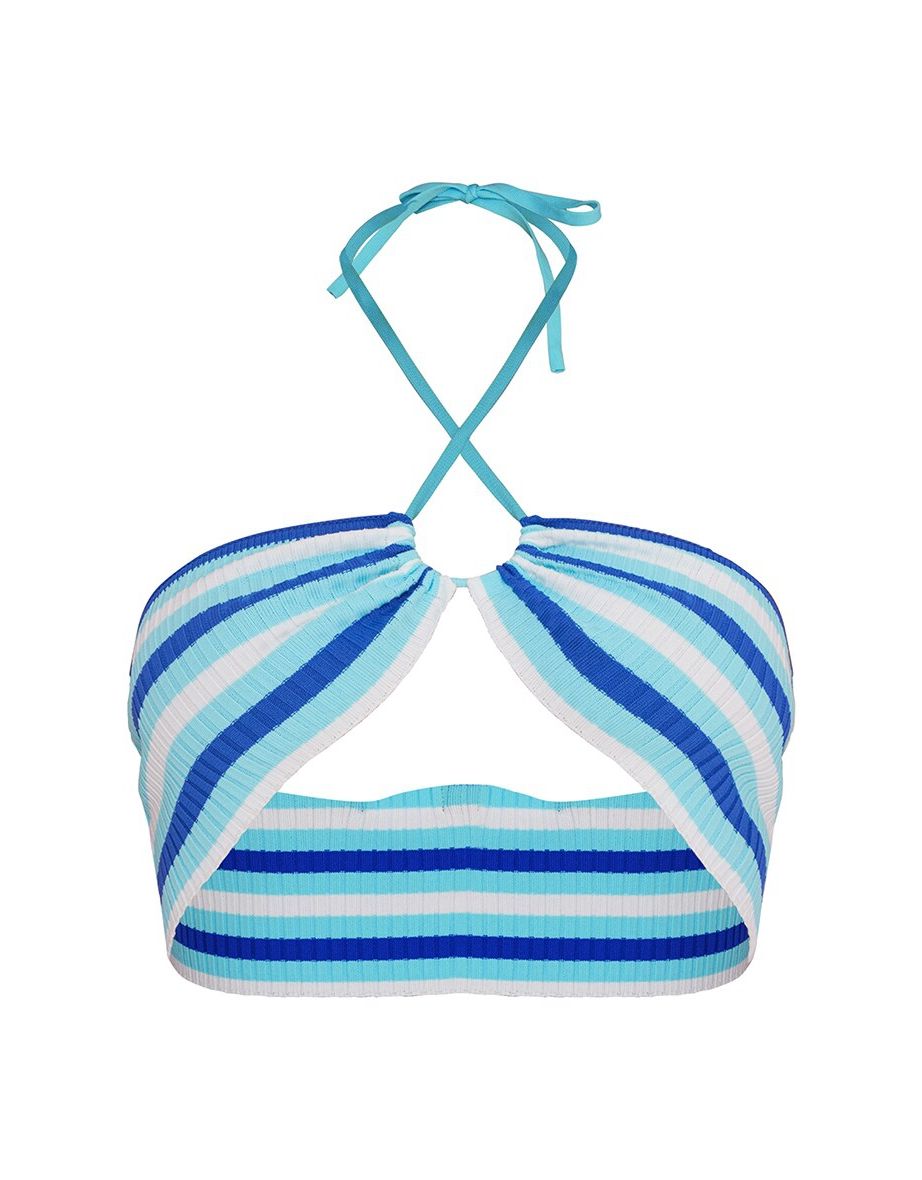 Blue Stripe Knit Cross Front Crop Top - 4