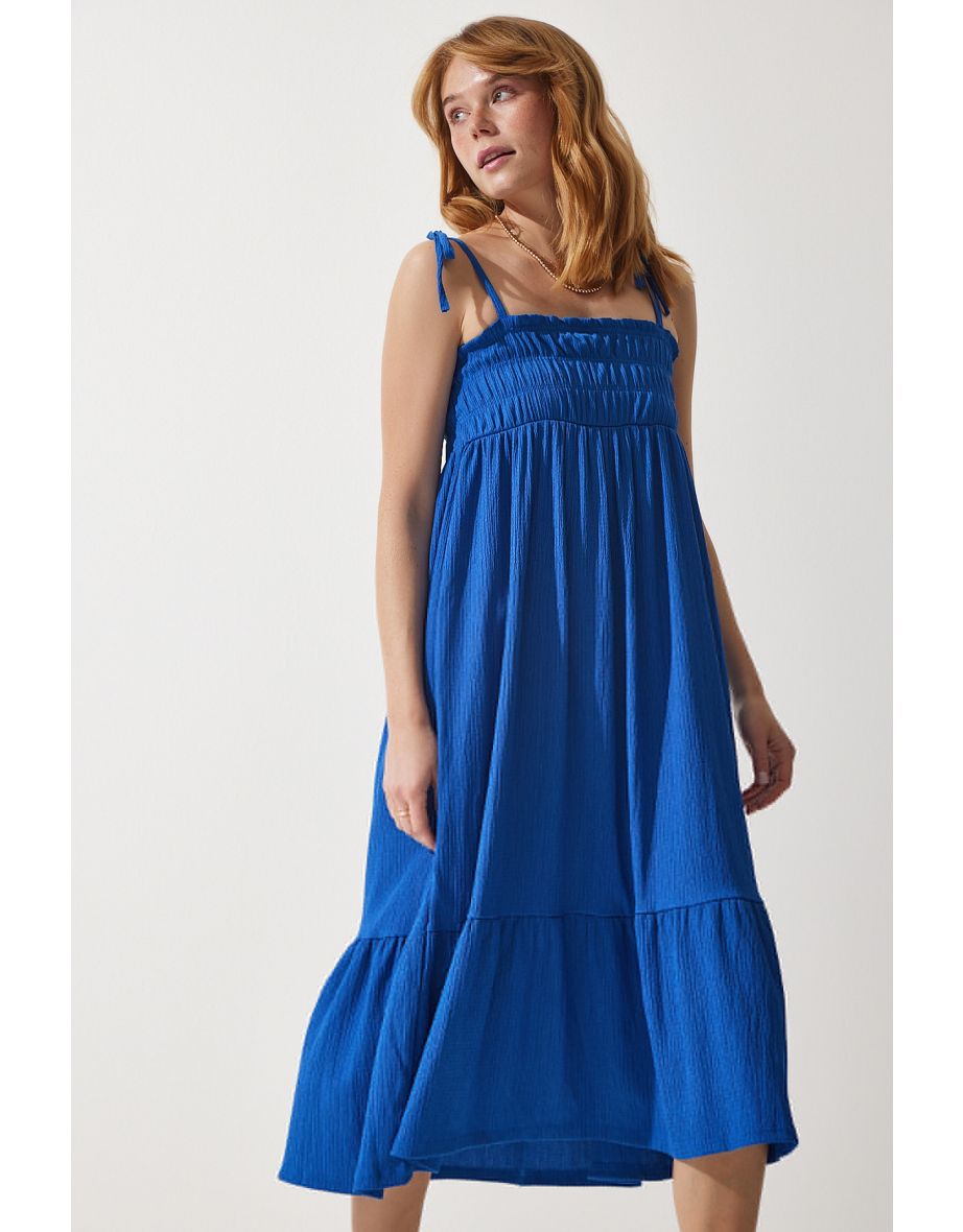 Women's Blue Strappy Crinkle Summer Knitted Dress