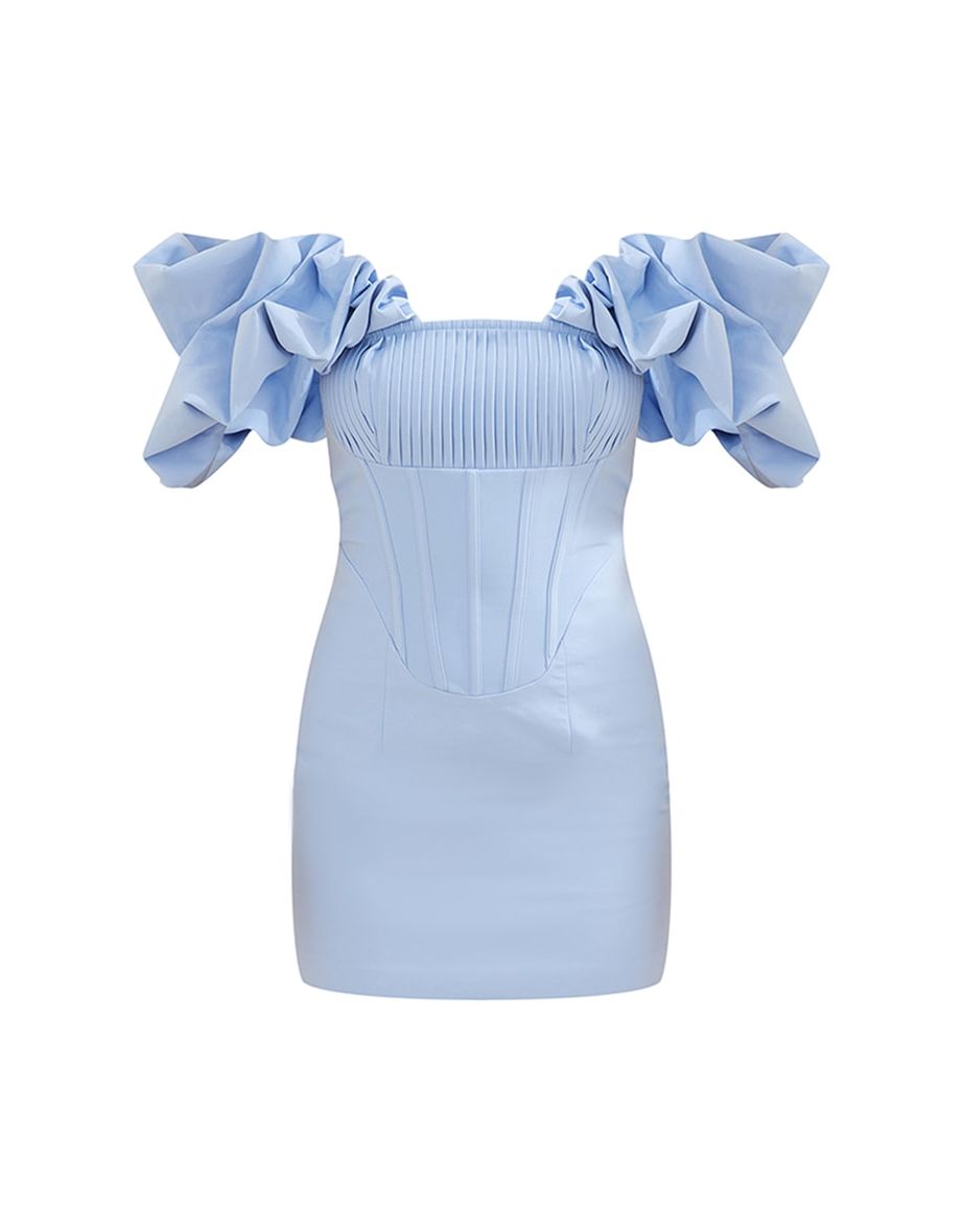 Light Blue Pleated Corset Detail Puff Sleeve Bodycon Dress - 4
