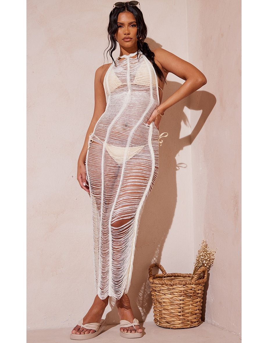 Cream Knitted Tassel Maxi Beach Dress