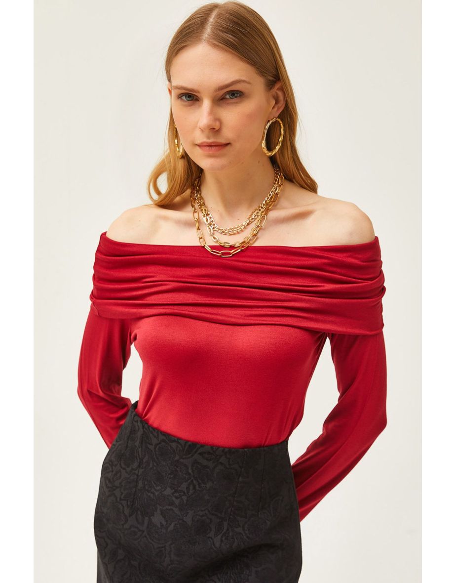 Women's Burgundy Madonna Collar Knitted Viscose top