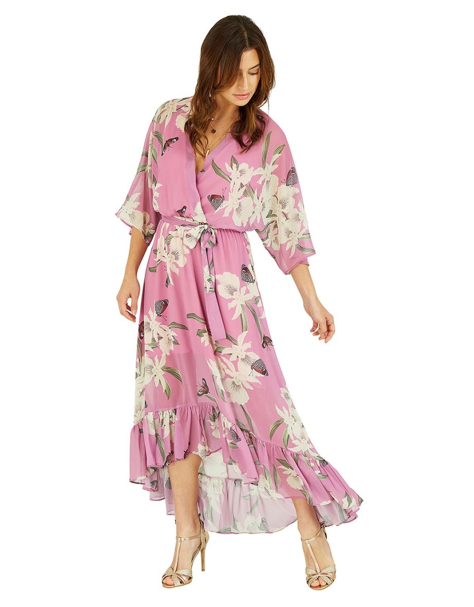 Yumi Floral Print Kimono Soft Pink Midi Wrap Dress - 7