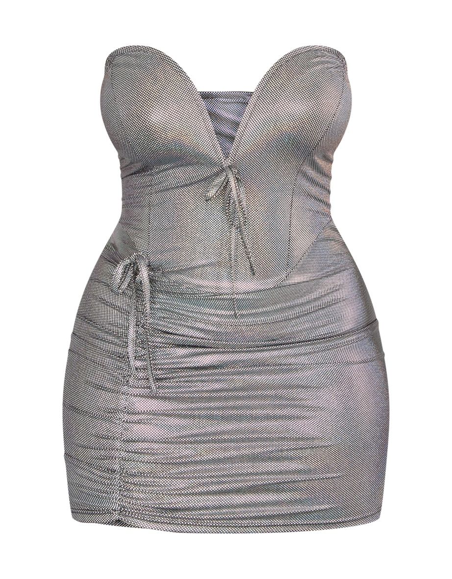Plus Silver Metallic V Bar Bodycon Dress - 4