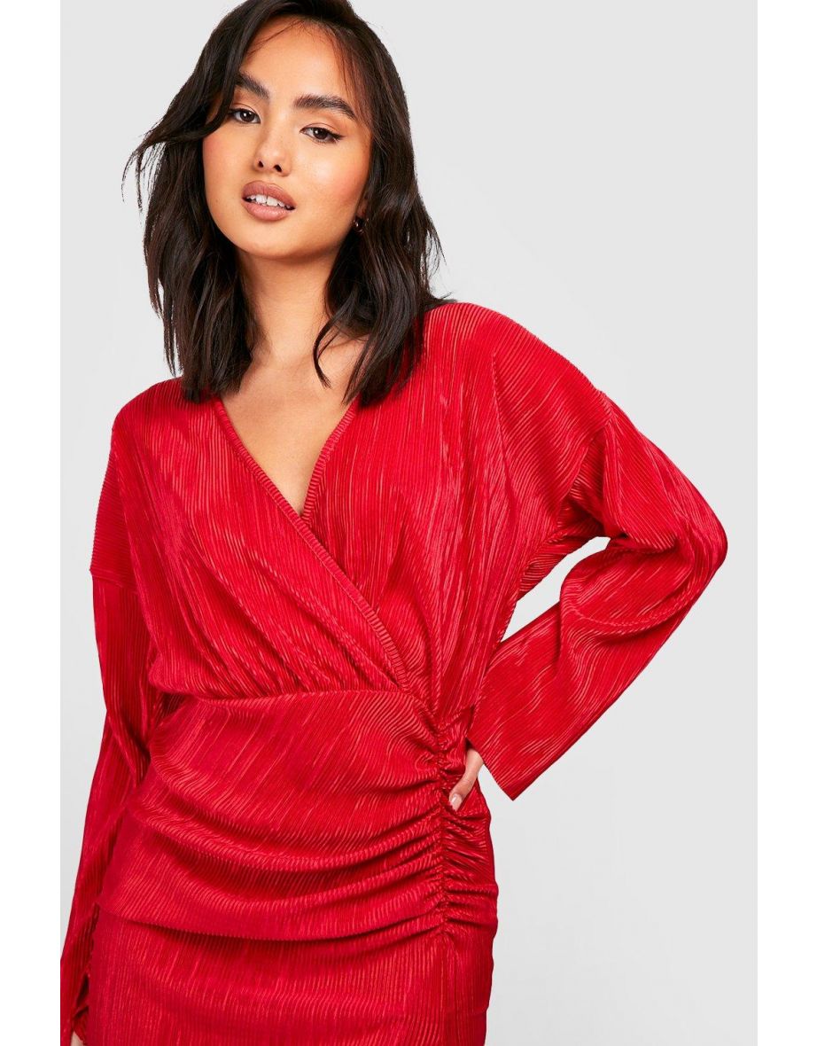 Plisse Wrap Front Split Detail Mini Dress - red - 3