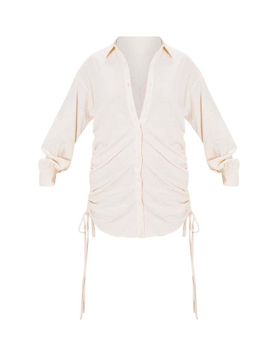 Cream Cord Ruched Side Detail Shirt Dress - 4