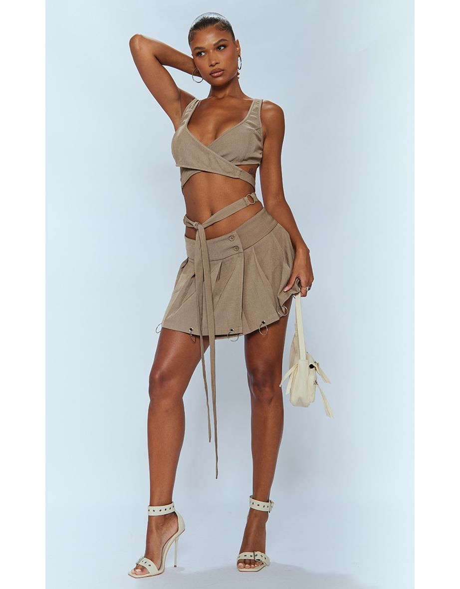 Khaki Woven Ring Detail Pleated Mini Skater Skirt