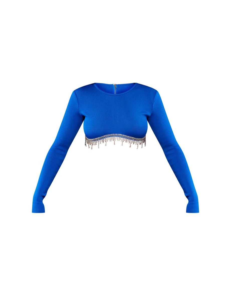Bright Blue Bandage Embellished Long Sleeve Crop Top - 4