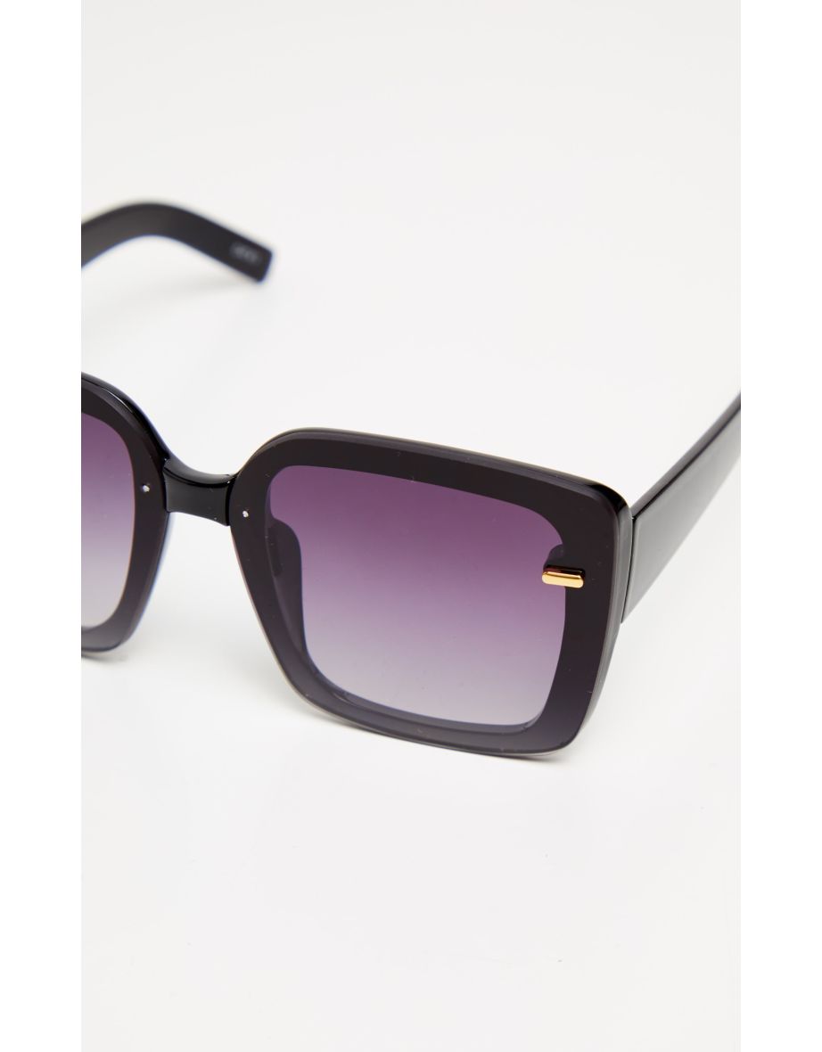 Black Oversized Gold Trim Square Frame Sunglasses - 2