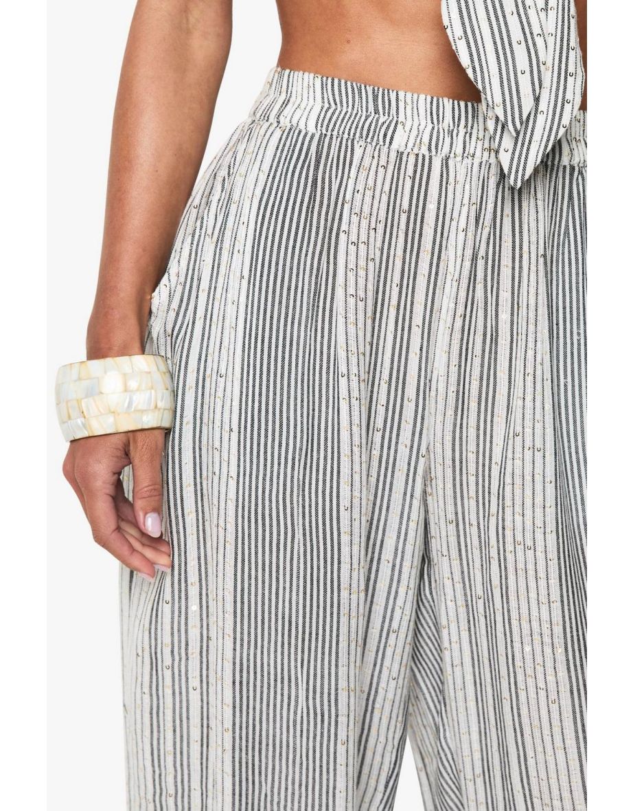 Sequin Stripe Cotton Beach Trousers - cream - 3