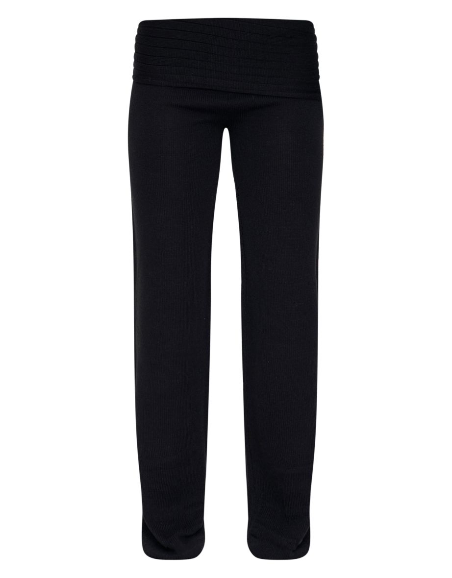 Black Knitted Fold Over Wide Leg Trousers - 4