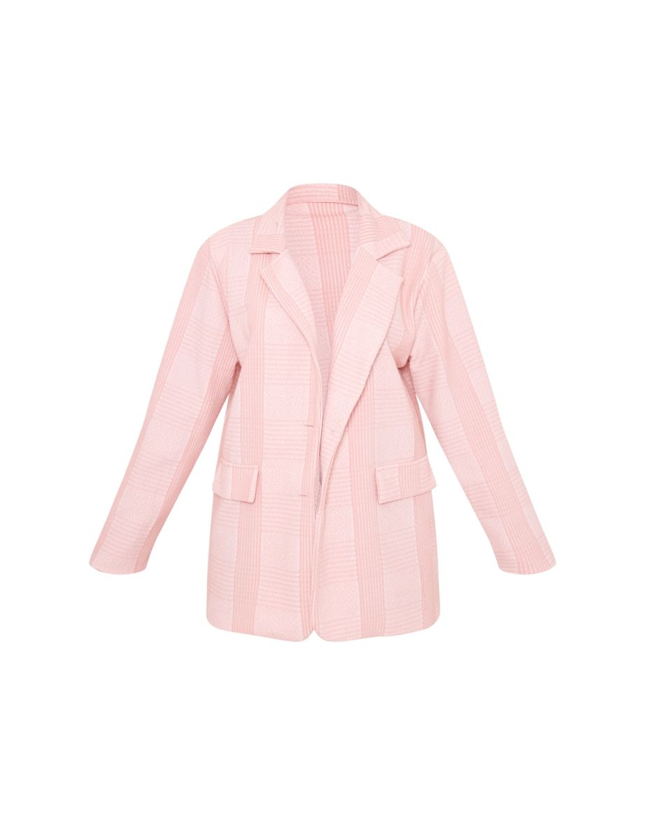 Light Pink Textured Oversized Drop Shoulder Blazer - 4