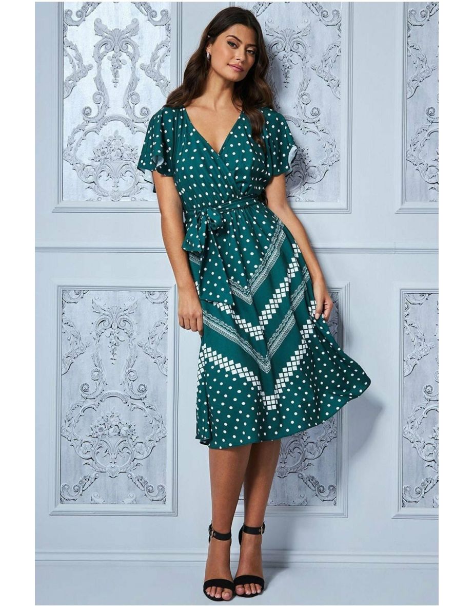 Goddiva Wrap Style Flutter Sleeve Midi Dress - Emerald Green