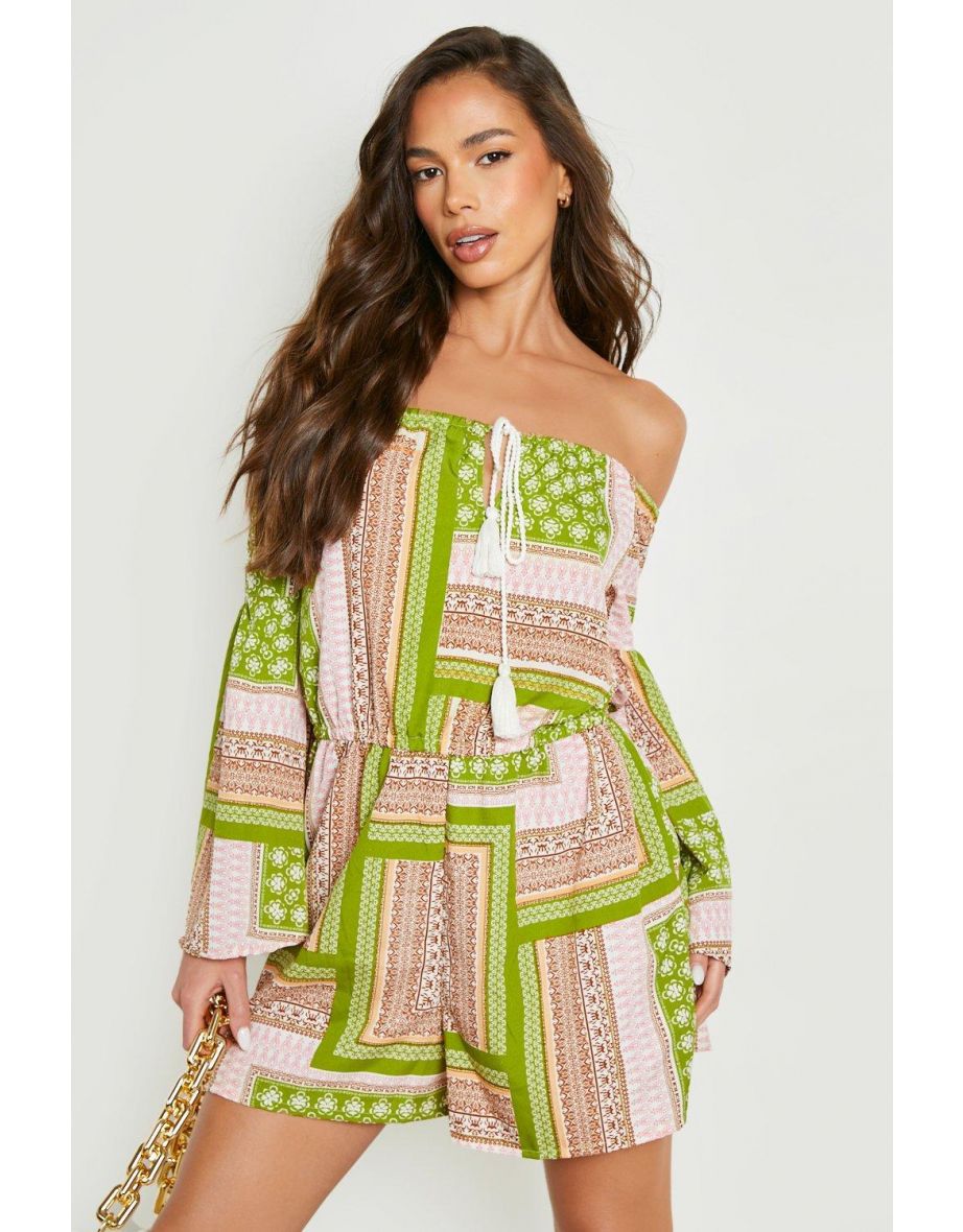 Scarf Print Bardot Flare Sleeve Playsuit - green