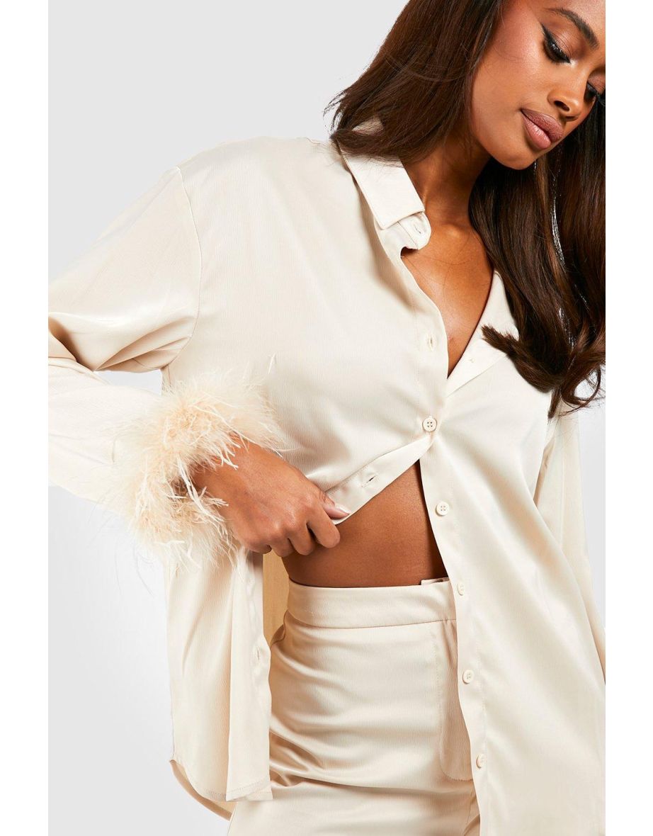 Satin Feather Cuff Shirt - taupe - 3