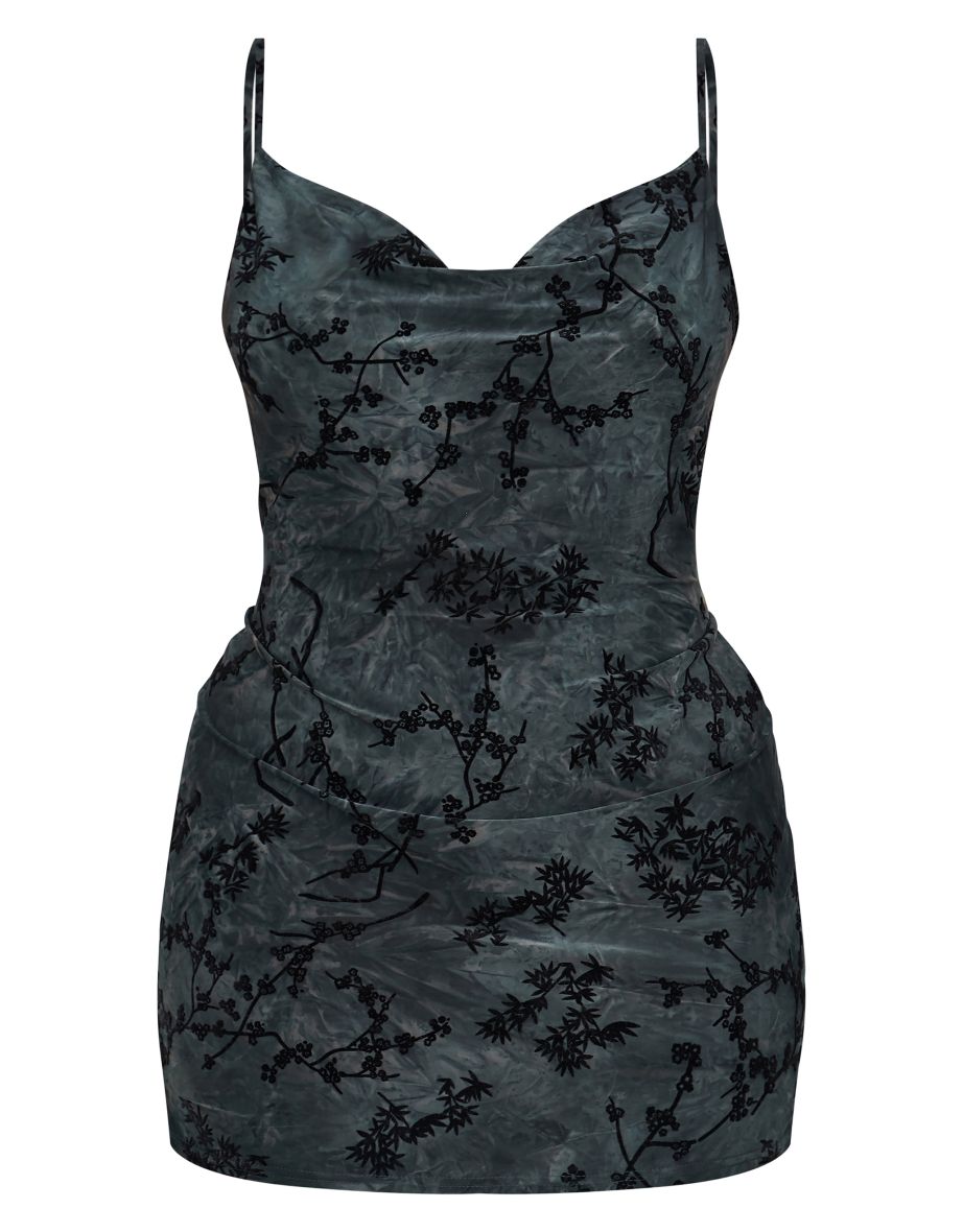 Plus Grey Floral Printed Devore Cowl Neck Dress - 4