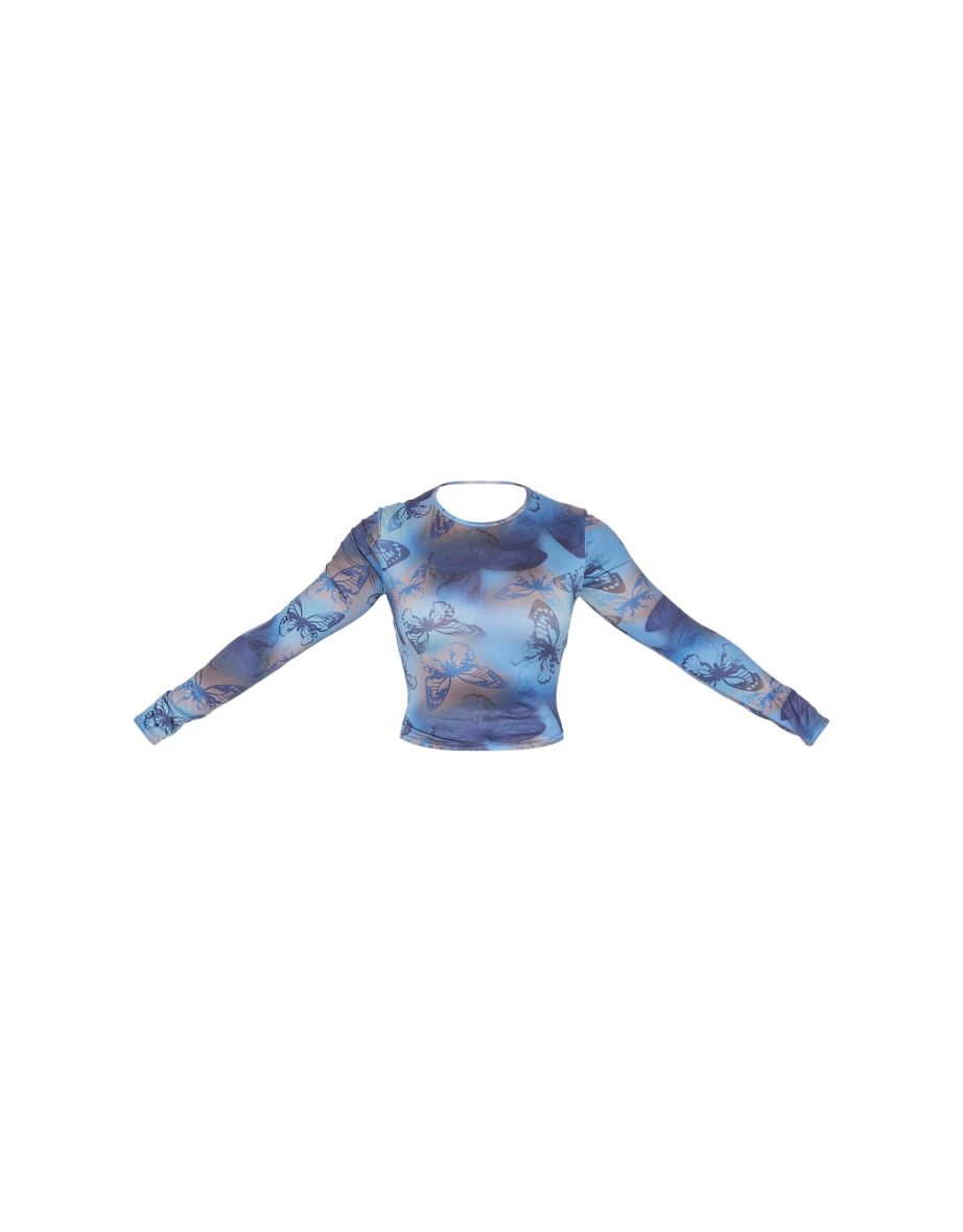 Blue Butterfly Print Backless Long Sleeve Top - 4