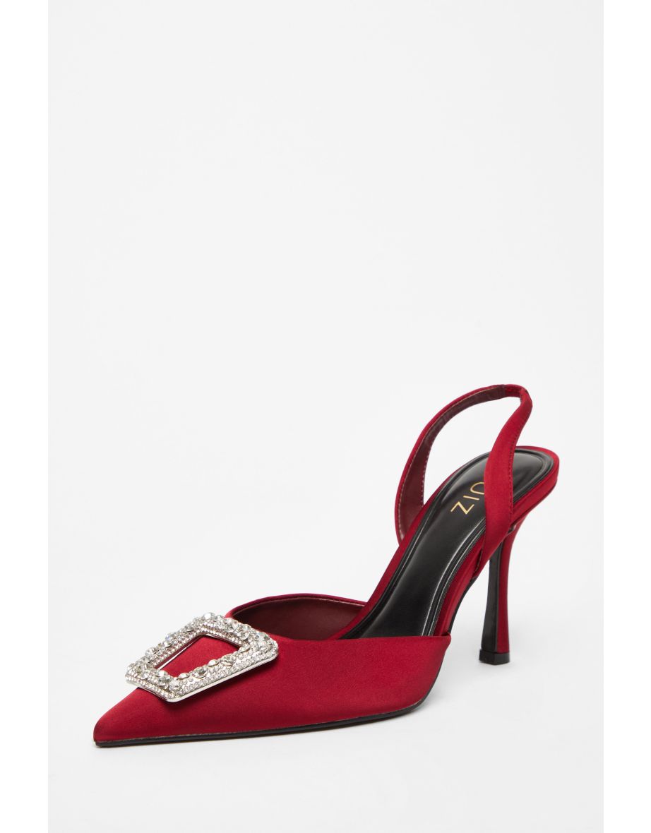 Dark Red Satin Brooch Court Heels