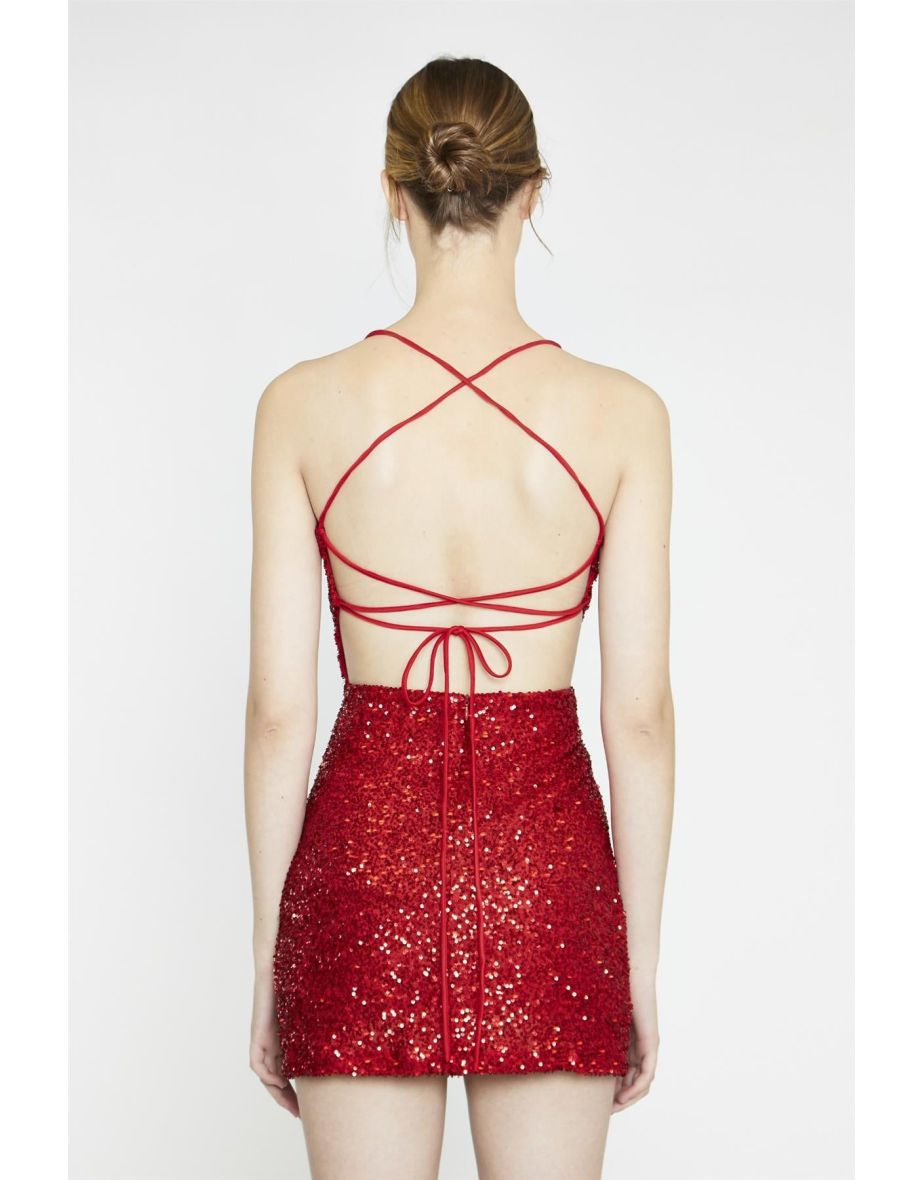 Red-Sequin Lace-Up Back Mini-Dress - 3