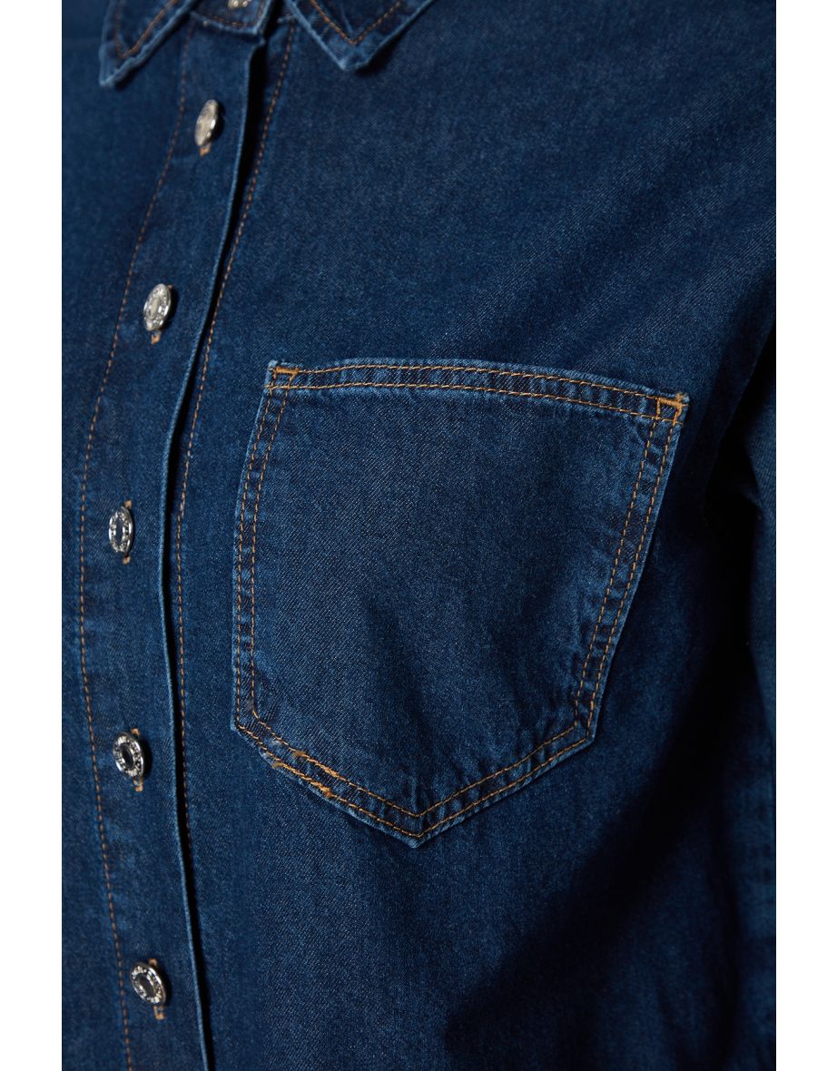 Dark Blue Wide-Cut Denim Shirt - 7