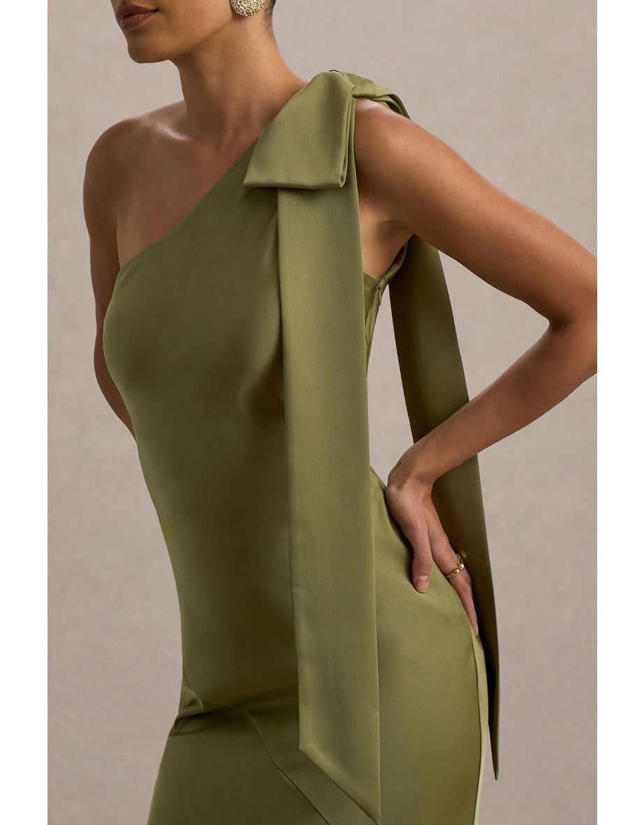 Here For Love | Khaki Satin Asymmetric Maxi Dress With Bow - 5