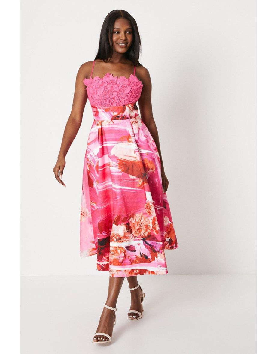 Lace Bodice Organza Skirt Midi Dress
