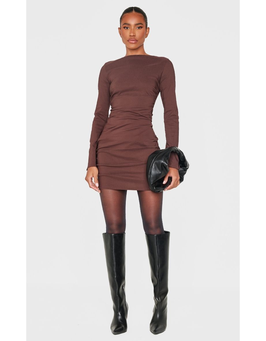 Chocolate Bengaline Long Sleeve Ruched Bodycon Dress