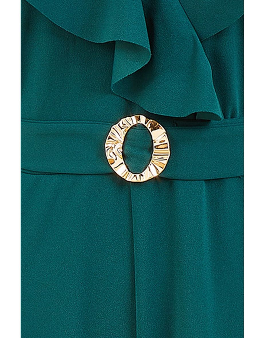 Yumi Green Jumpsuit With Gold Buckle and Frill Detail - 5
