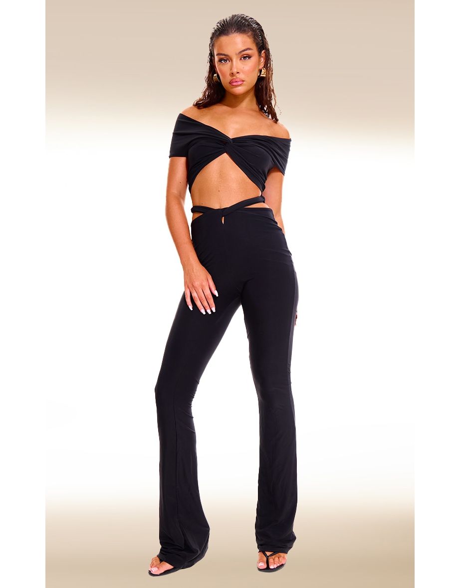 Black Double Layer Slinky Twist Crop Top