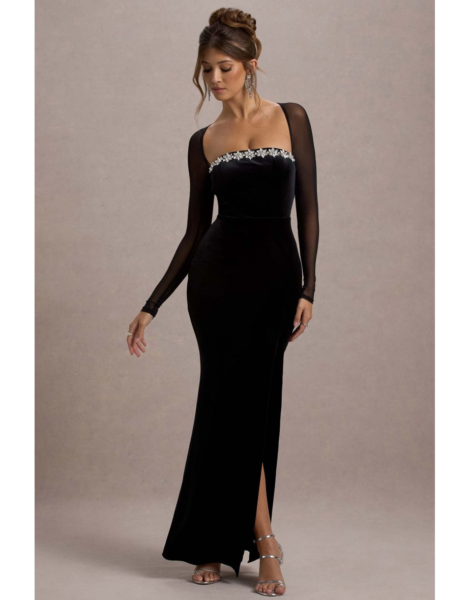 Ashby | Black Velvet Embellished Square-Neck Split Maxi Dress - 5