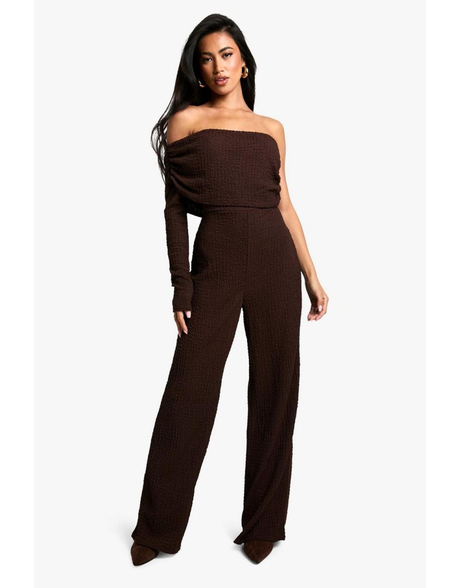 One Shoulder Wide Leg Textured Jumpsuit - chocolate