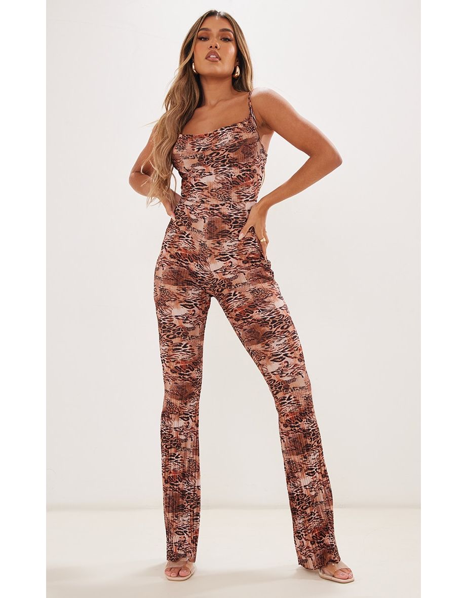 Multi Abstract Print Plisse Cowl Strappy Jumpsuit